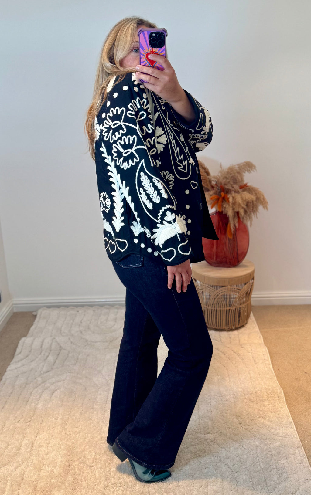 Boho LOVE Embroidered Cotton Quilted Button Front Jacket | Black