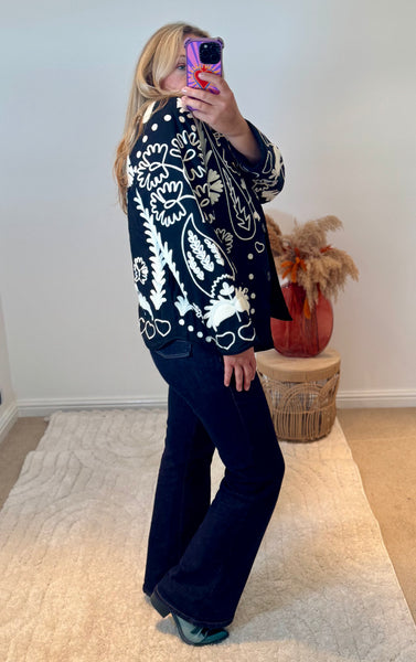 Boho LOVE Embroidered Cotton Quilted Button Front Jacket | Black