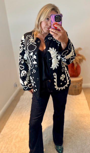 Boho LOVE Embroidered Cotton Quilted Button Front Jacket | Black