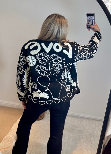 Boho LOVE Embroidered Cotton Quilted Button Front Jacket | Black