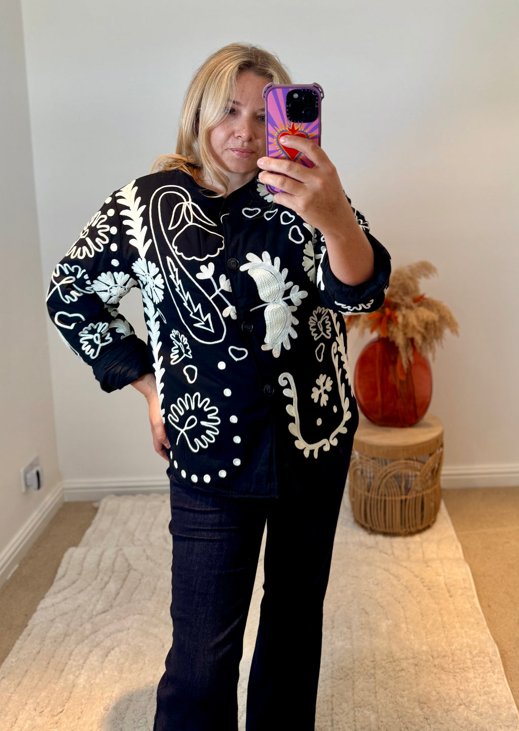 Boho LOVE Embroidered Cotton Quilted Button Front Jacket | Black