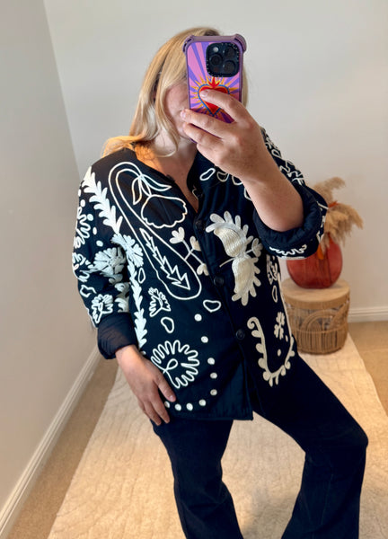 Boho LOVE Embroidered Cotton Quilted Button Front Jacket | Black