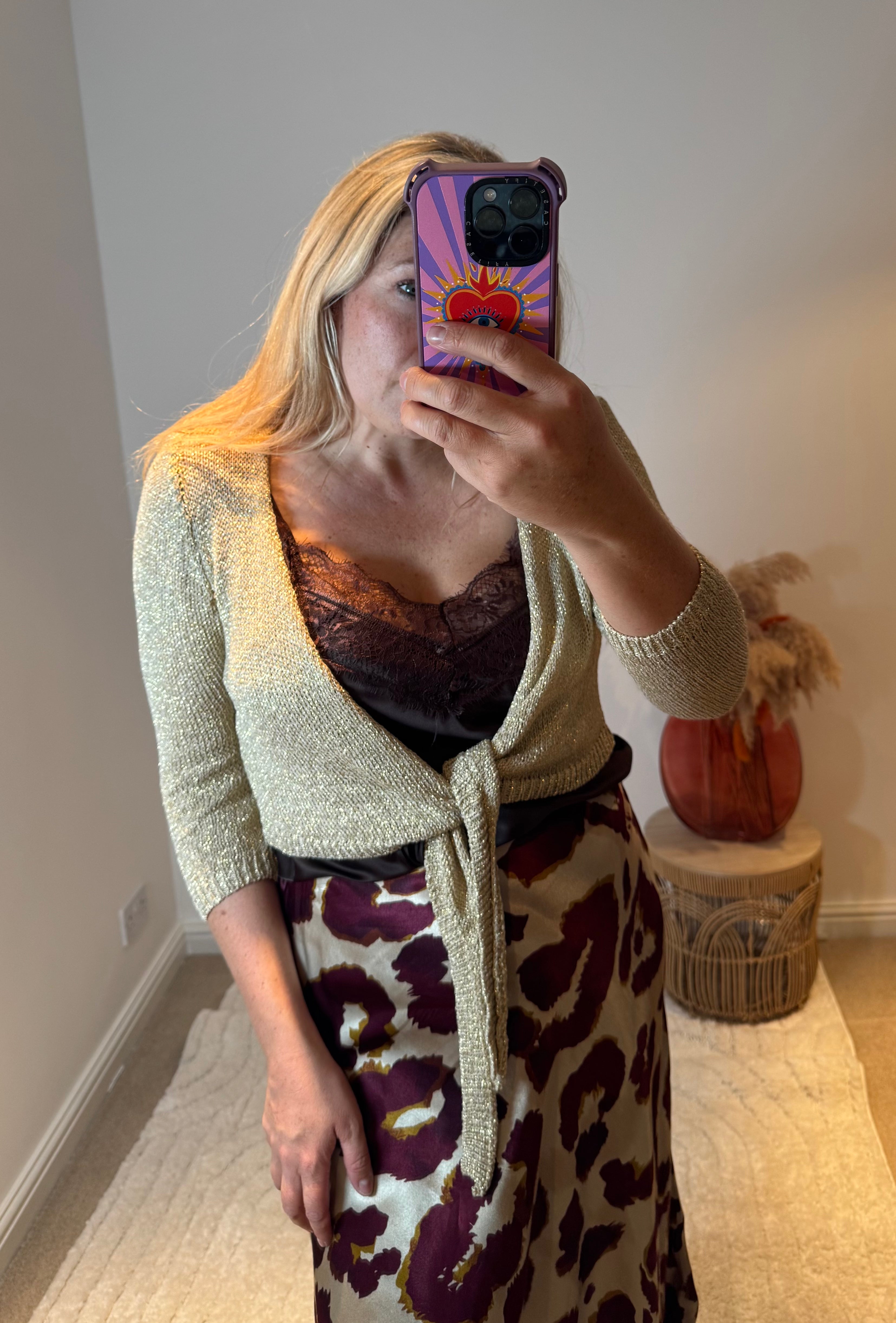 Metallic Knit Tie Front Cardigan | Gold