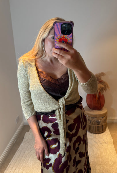 Metallic Knit Tie Front Cardigan | Gold