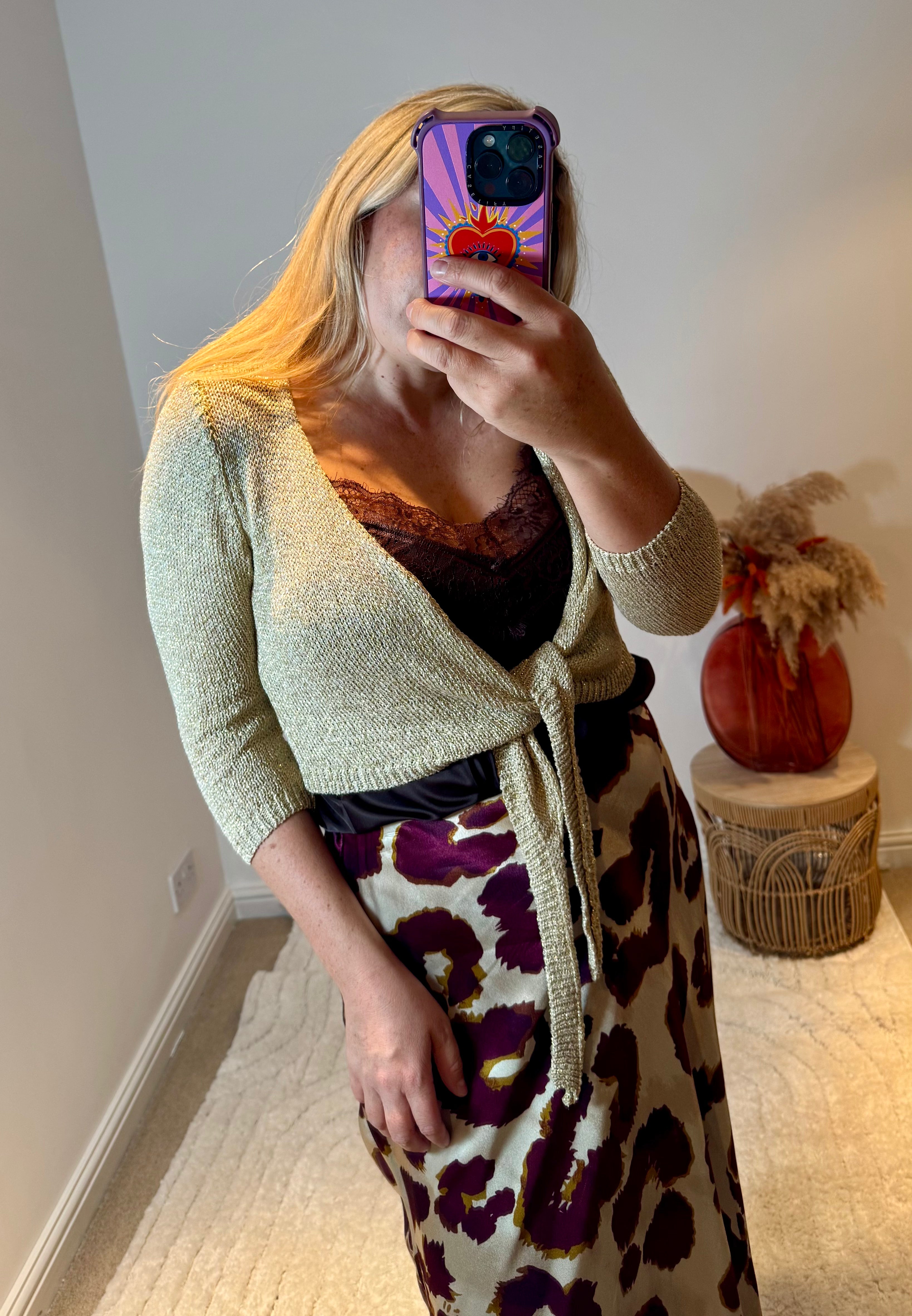 Metallic Knit Tie Front Cardigan | Gold