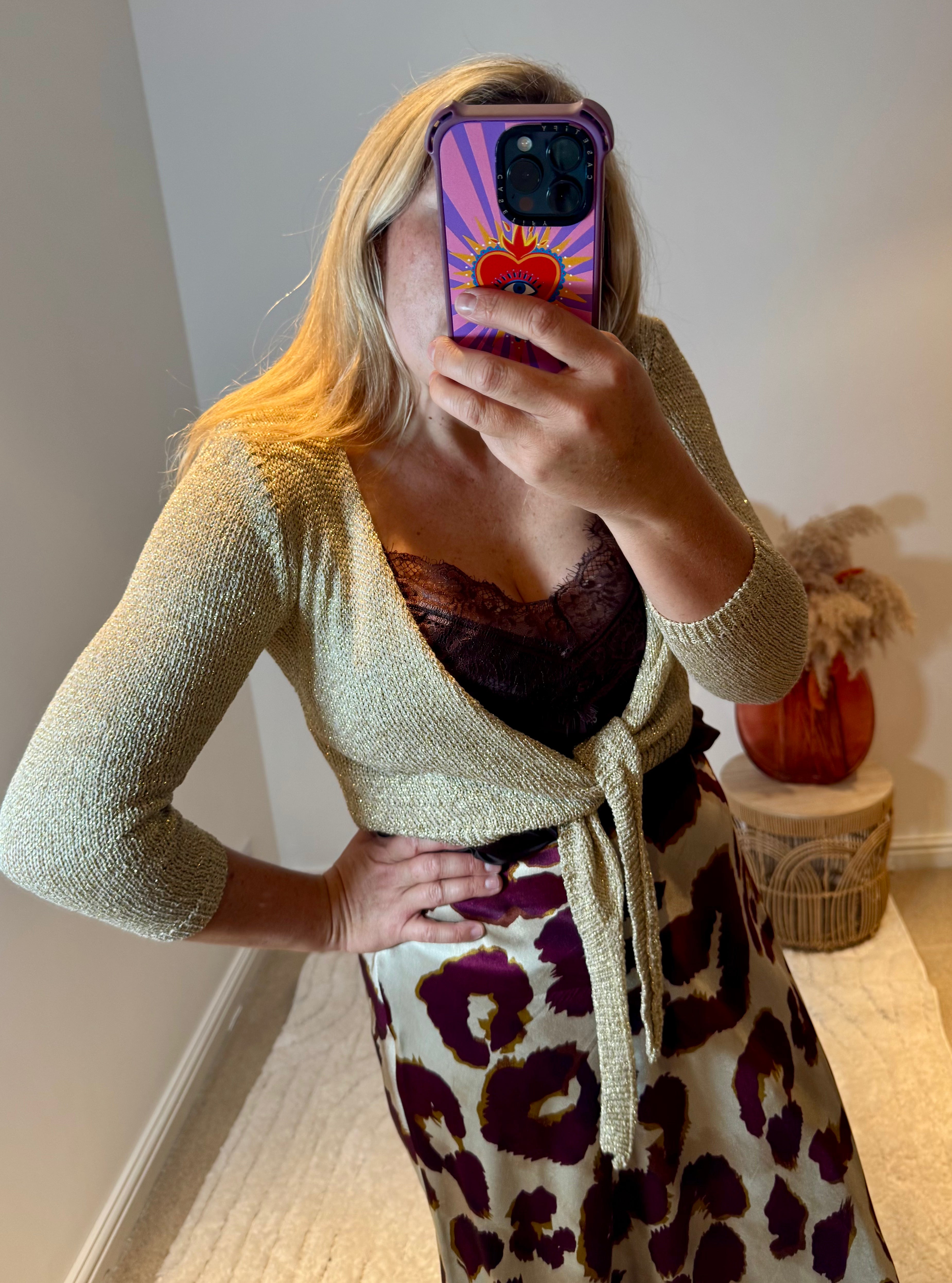 Metallic Knit Tie Front Cardigan | Gold