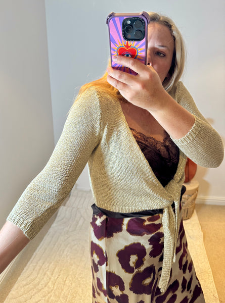Metallic Knit Tie Front Cardigan | Gold