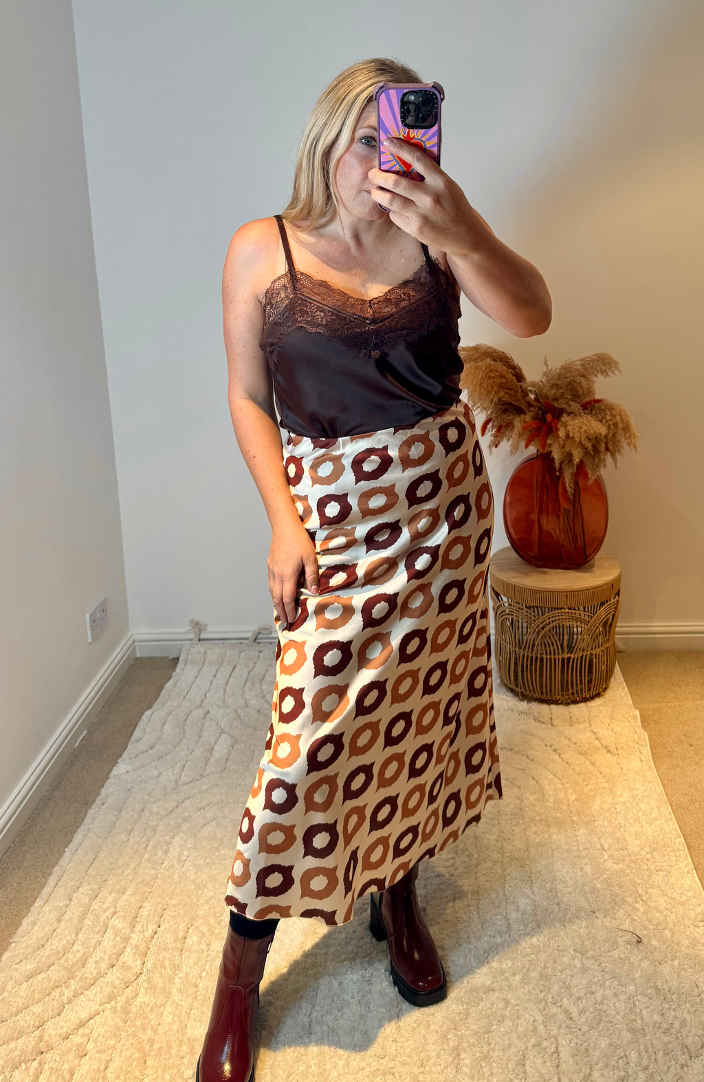 Retro Print Satin Midi Skirt | Brown Multi