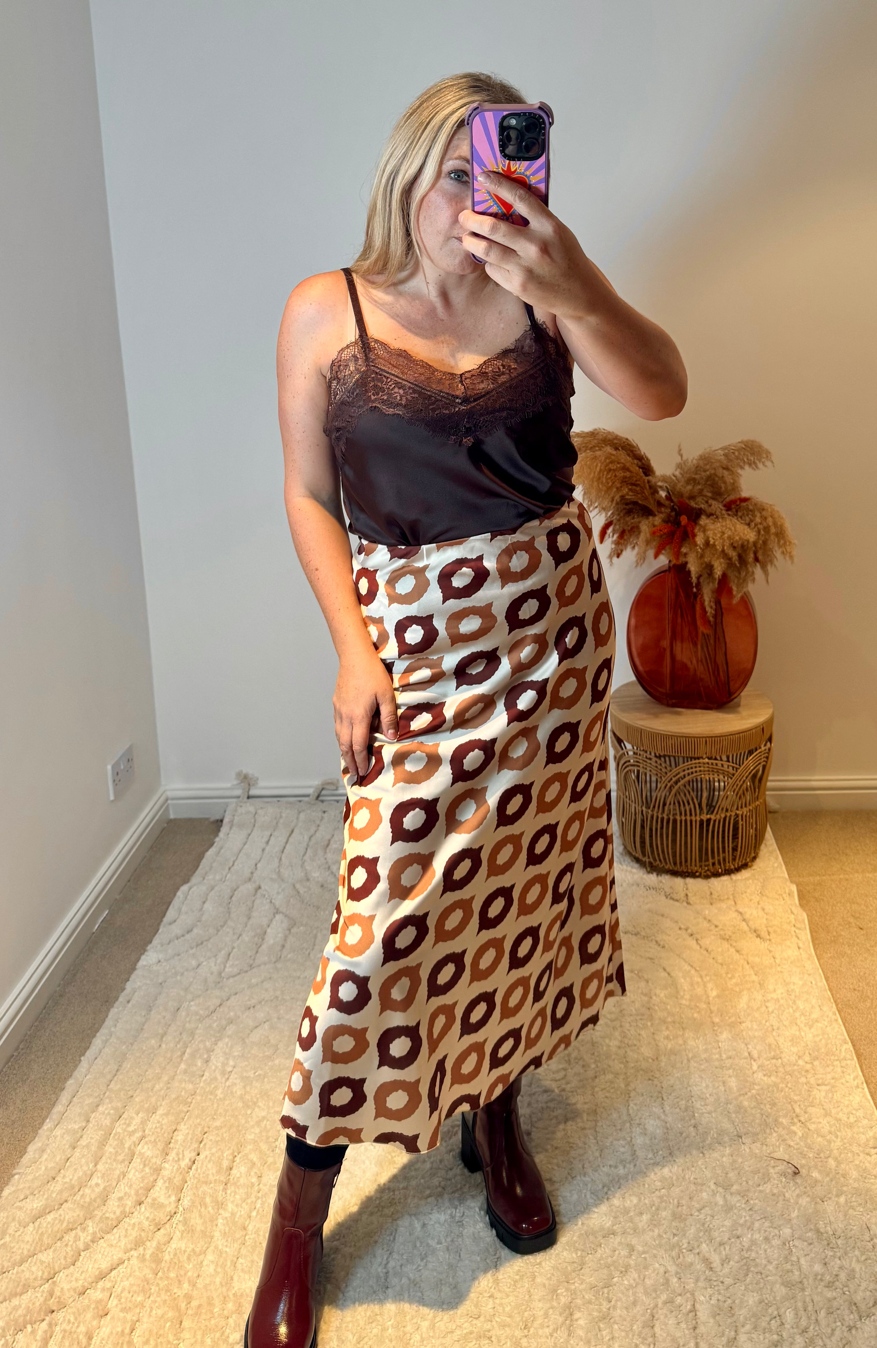 Retro Print Satin Midi Skirt | Brown Multi
