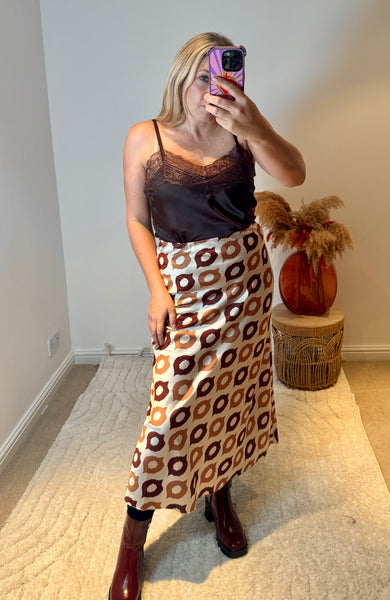 Retro Print Satin Midi Skirt | Brown Multi
