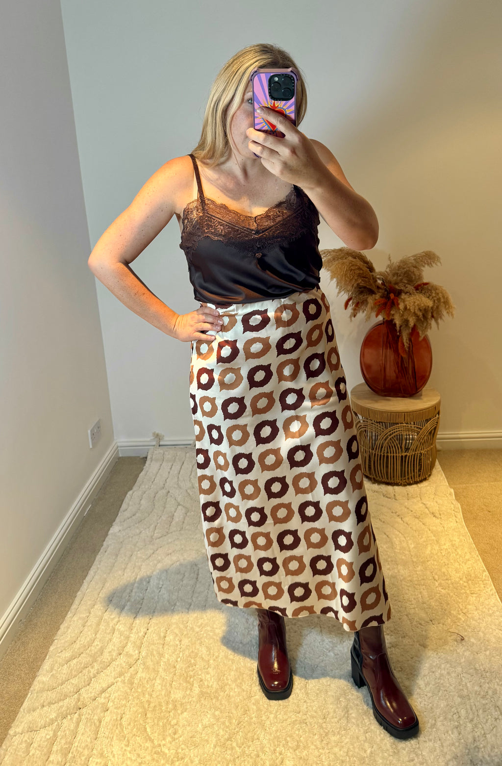 Retro Print Satin Midi Skirt | Brown Multi
