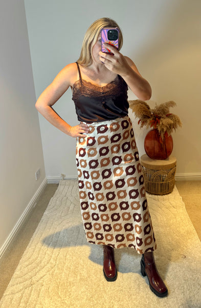 Retro Print Satin Midi Skirt | Brown Multi