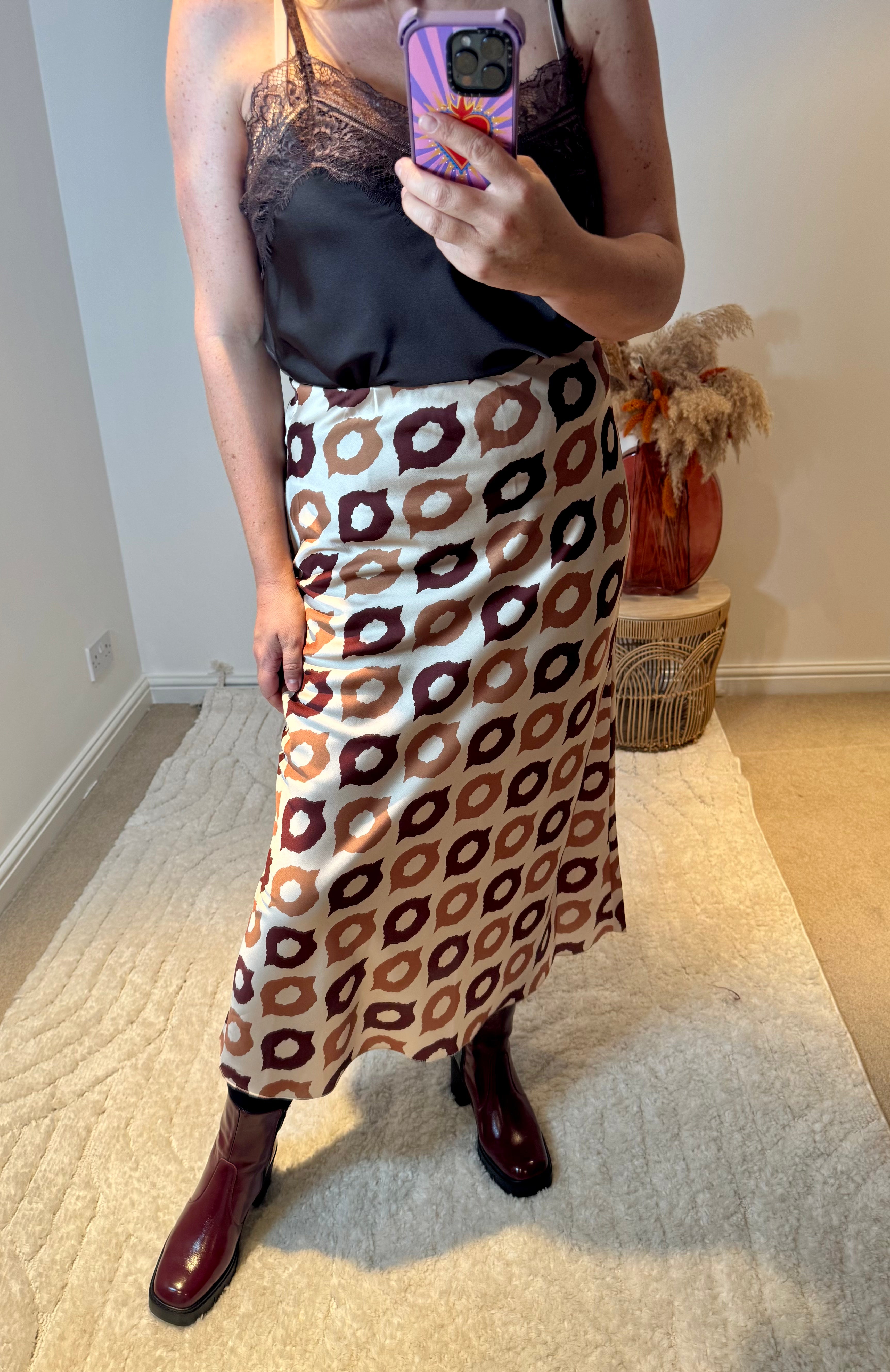 Retro Print Satin Midi Skirt | Brown Multi