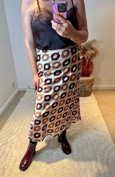 Retro Print Satin Midi Skirt | Brown Multi