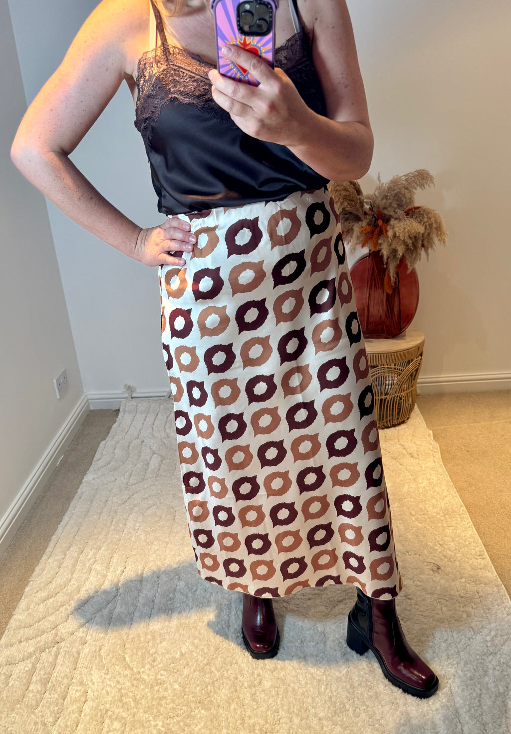 Retro Print Satin Midi Skirt | Brown Multi