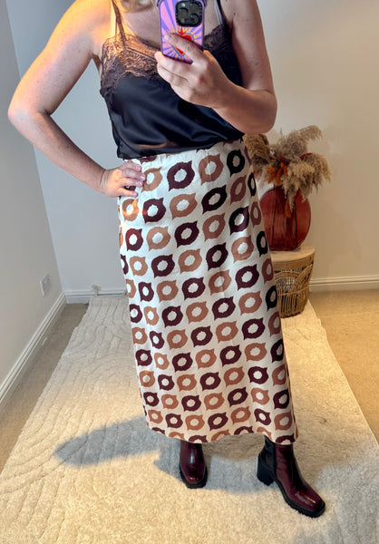 Retro Print Satin Midi Skirt | Brown Multi