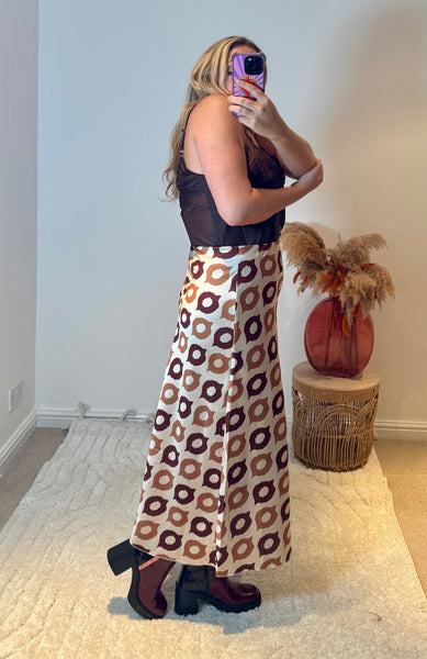 Retro Print Satin Midi Skirt | Brown Multi