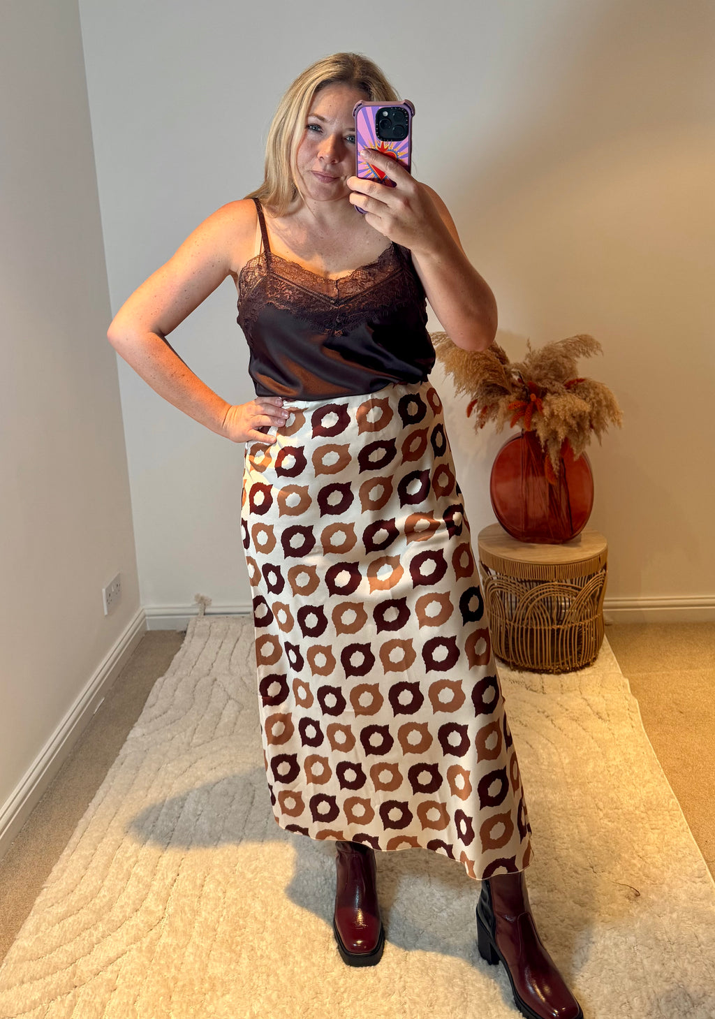 Retro Print Satin Midi Skirt | Brown Multi