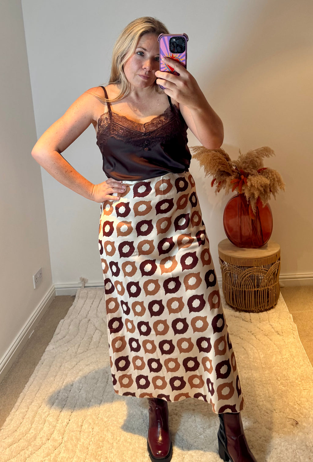 Retro Print Satin Midi Skirt | Brown Multi