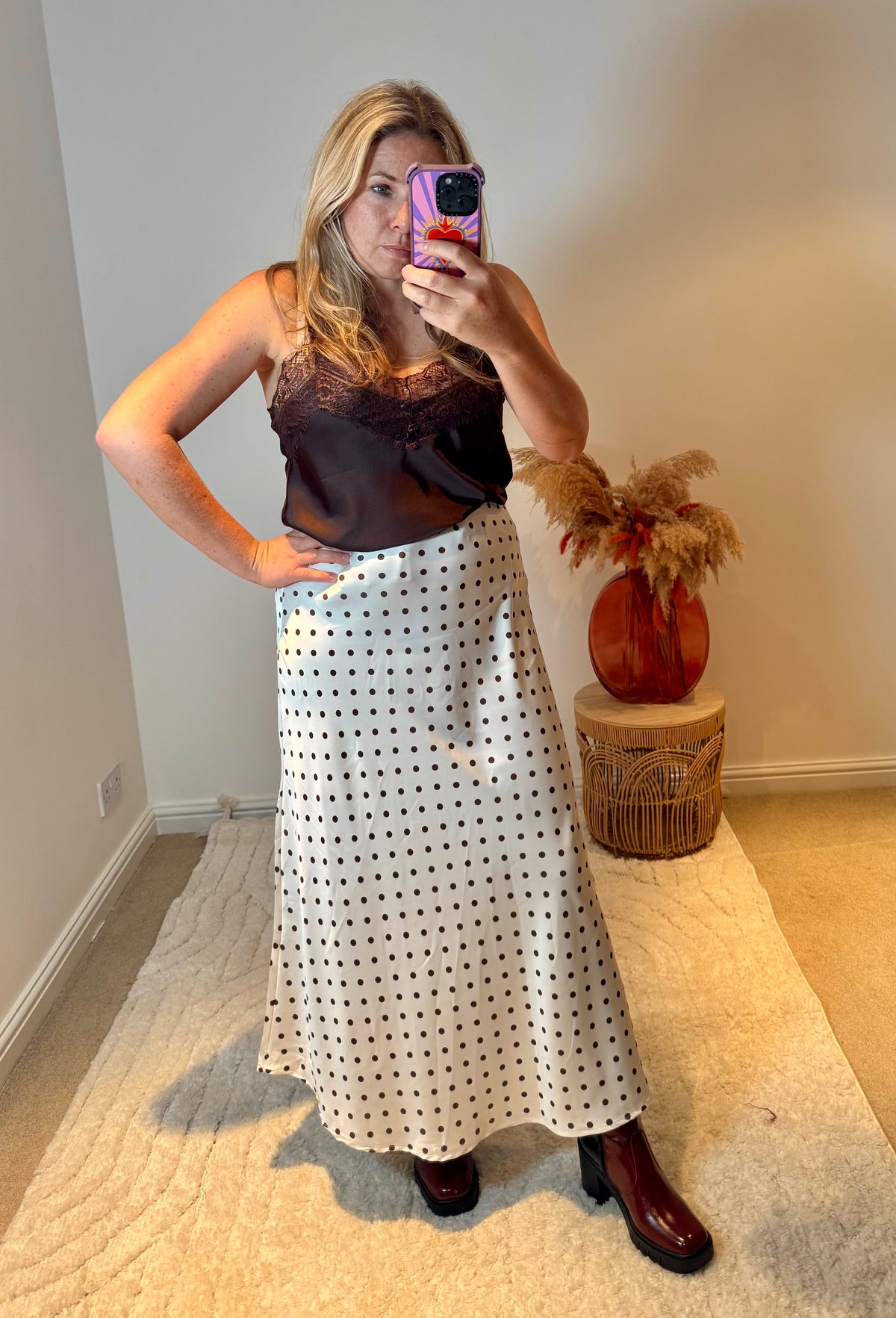 Spot Satin Midi Skirt | Ivory/Black