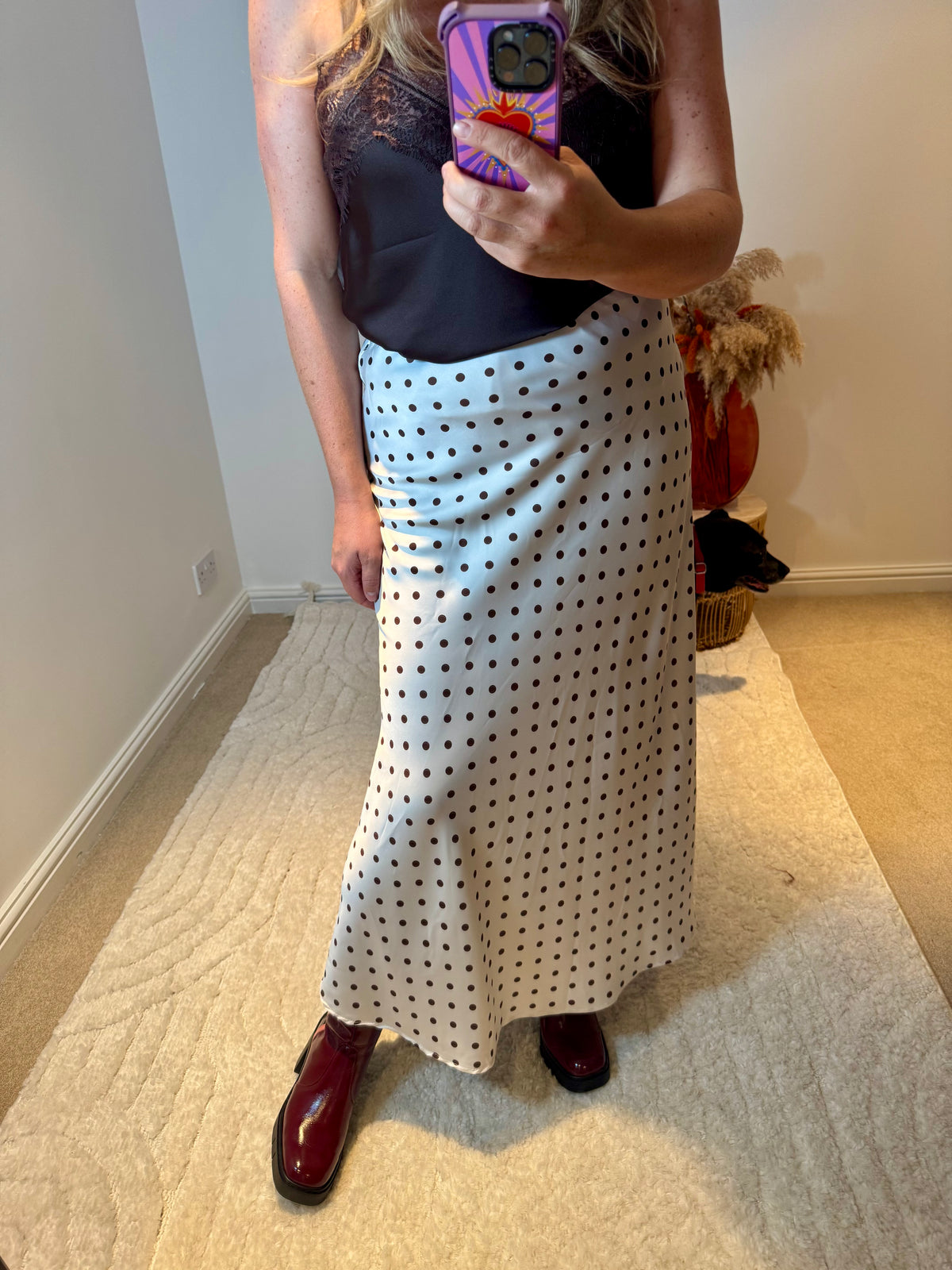 Spot Satin Midi Skirt | Ivory/Black