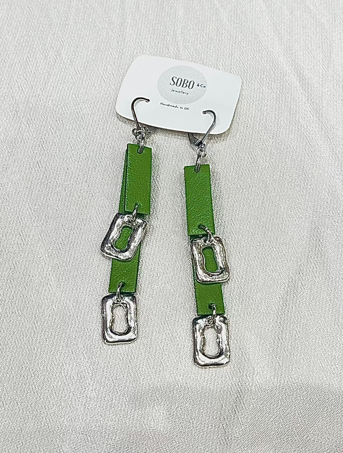 Double Leather and Small Ring Feature Earrings | Apple Green