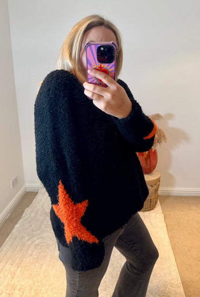 Star Sleeve Popcorn Knit Jumper | Black/Orange