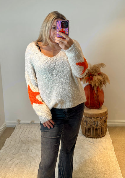 Star Sleeve Popcorn Knit Jumper | Cream/Orange