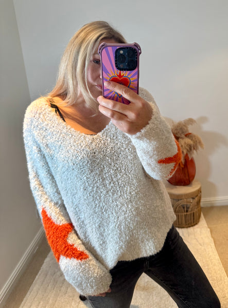 Star Sleeve Popcorn Knit Jumper | Cream/Orange