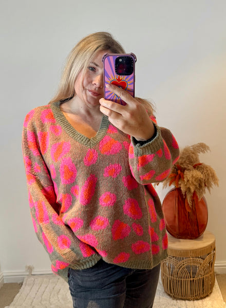 Bright Leopard Oversized V-Neck Jumper | Khaki/Orange/Pink