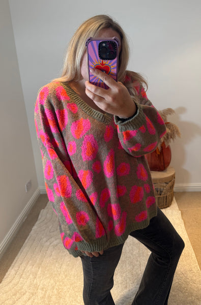 Bright Leopard Oversized V-Neck Jumper | Khaki/Orange/Pink