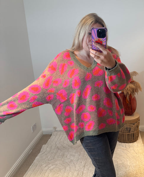 Bright Leopard Oversized V-Neck Jumper | Khaki/Orange/Pink
