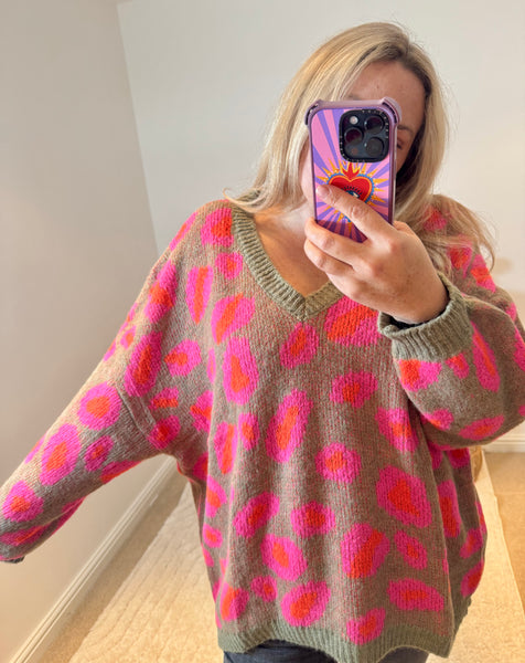 Bright Leopard Oversized V-Neck Jumper | Khaki/Orange/Pink