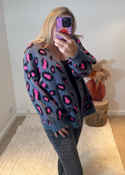 Bright Leopard Oversized Cardigan | Denim Blue/Pink Multi