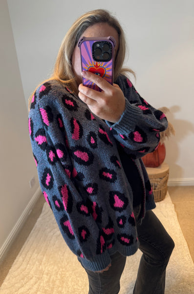 Bright Leopard Oversized Cardigan | Denim Blue/Pink Multi