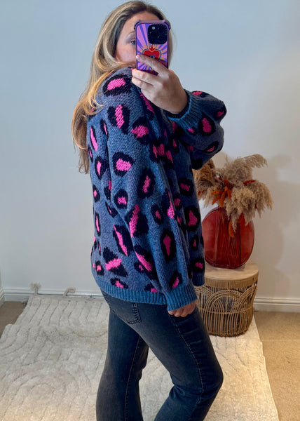 Bright Leopard Oversized Cardigan | Denim Blue/Pink Multi