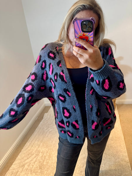 Bright Leopard Oversized Cardigan | Denim Blue/Pink Multi