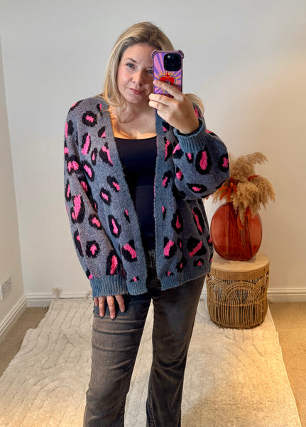 Bright Leopard Oversized Cardigan | Denim Blue/Pink Multi