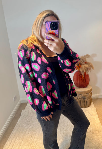 Bright Leopard Oversized Cardigan | Black/Neon Green/Pink