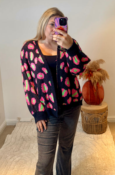 Bright Leopard Oversized Cardigan | Black/Neon Green/Pink