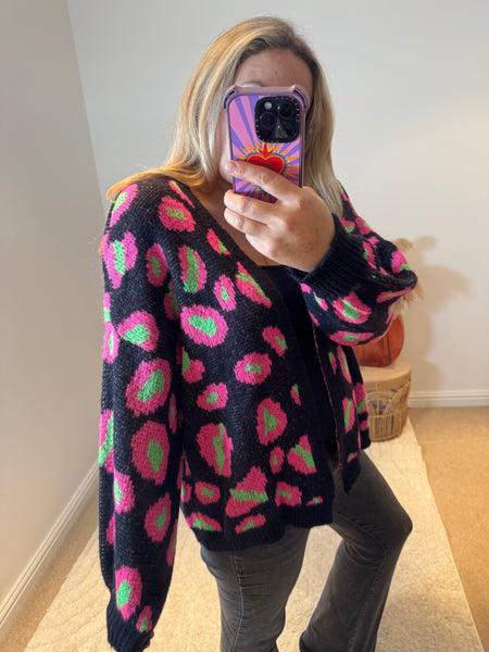 Bright Leopard Oversized Cardigan | Black/Neon Green/Pink