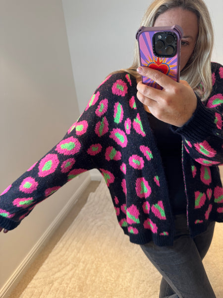 Bright Leopard Oversized Cardigan | Black/Neon Green/Pink