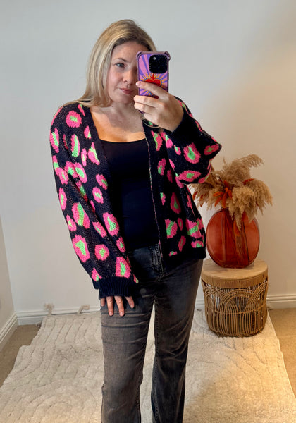 Bright Leopard Oversized Cardigan | Black/Neon Green/Pink