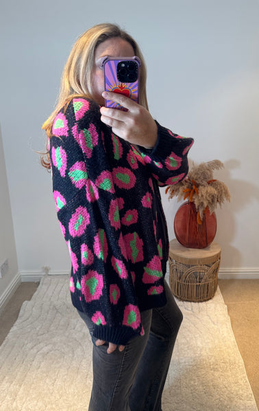 Bright Leopard Oversized Cardigan | Black/Neon Green/Pink