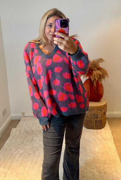 Bright Leopard Oversized V-Neck Jumper | Blue/Orange/Pink