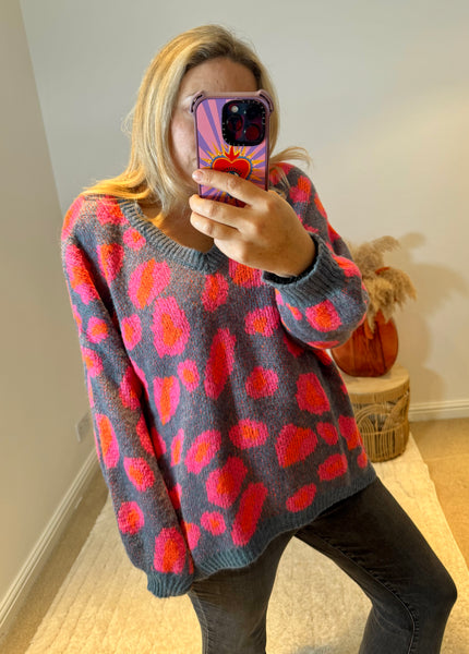 Bright Leopard Oversized V-Neck Jumper | Blue/Orange/Pink