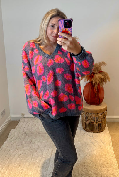 Bright Leopard Oversized V-Neck Jumper | Blue/Orange/Pink