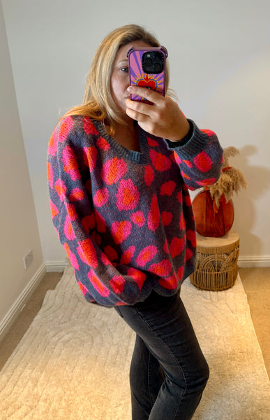 Bright Leopard Oversized V-Neck Jumper | Blue/Orange/Pink