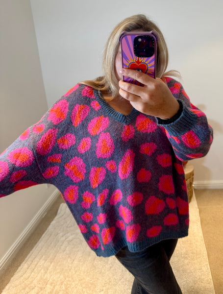 Bright Leopard Oversized V-Neck Jumper | Blue/Orange/Pink