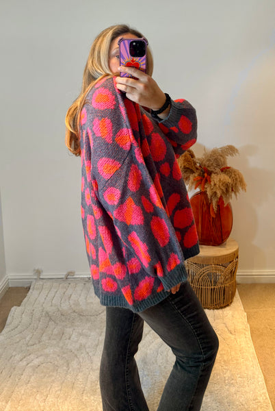 Bright Leopard Oversized V-Neck Jumper | Blue/Orange/Pink